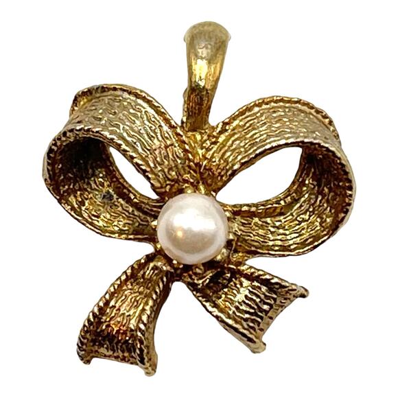 Vintage Gold tone bow with Pearl pendant - Picture 6 of 8